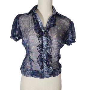 Bebe Blue Floral Peasant Sheer Ruffle Blouse Small